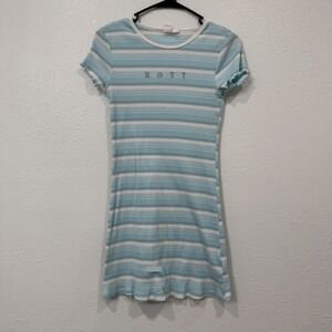 Roxy Girl Striped Ribbed T Shirt Dress Blue White‎ Size L 14 16 Lettuce Hem